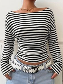 SHEIN EZwear 女款條紋長袖休閒針織露肩修身T恤 - 黑與白 - 查看 8