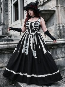Whyspr Women's Halloween Costume Black & White Contrast Skeleton Print Sleeveless Square Neck A-Line Dress - Black - View 1