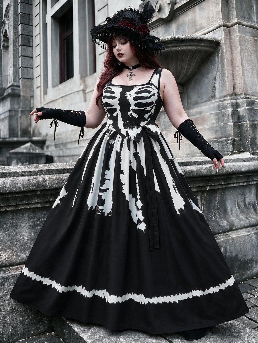 Whyspr Women's Halloween Costume Black & White Contrast Skeleton Print Sleeveless Square Neck A-Line Dress - Black - View 1