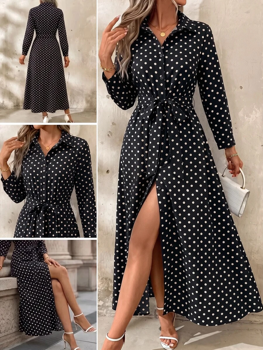 SHEIN Clasi 女款溫柔波點印花長袖度假洋裝 - 黑與白 - 查看 1
