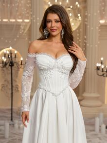 Glamrae Elegant Luxury Embroidered Faux Pearl Decorated Off-Shoulder Dress For Ball, Wedding - White - View 4