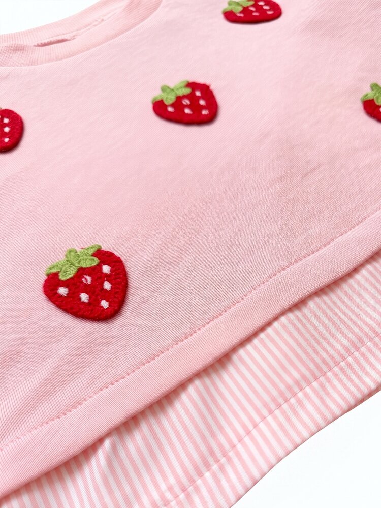 Young Girl 2pcs/Set Girls Toddler Sweatshirt Outfit Brown Top Long Sleeve Crew Neck 3D Strawberry Wide Leg Pants Baby Daughter First Birthday Fall - Pink - View 5