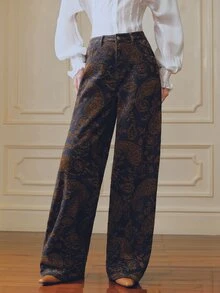Anewsta Women's New Fashion Casual Flocked Jacquard Coffee Brown Jeans Straight Leg Pants - Coffee Brown - View 6