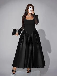 Viva Relle Plus-Size Women's Net Long-Sleeve Gathered A-Line Party Dress - Black - View 4