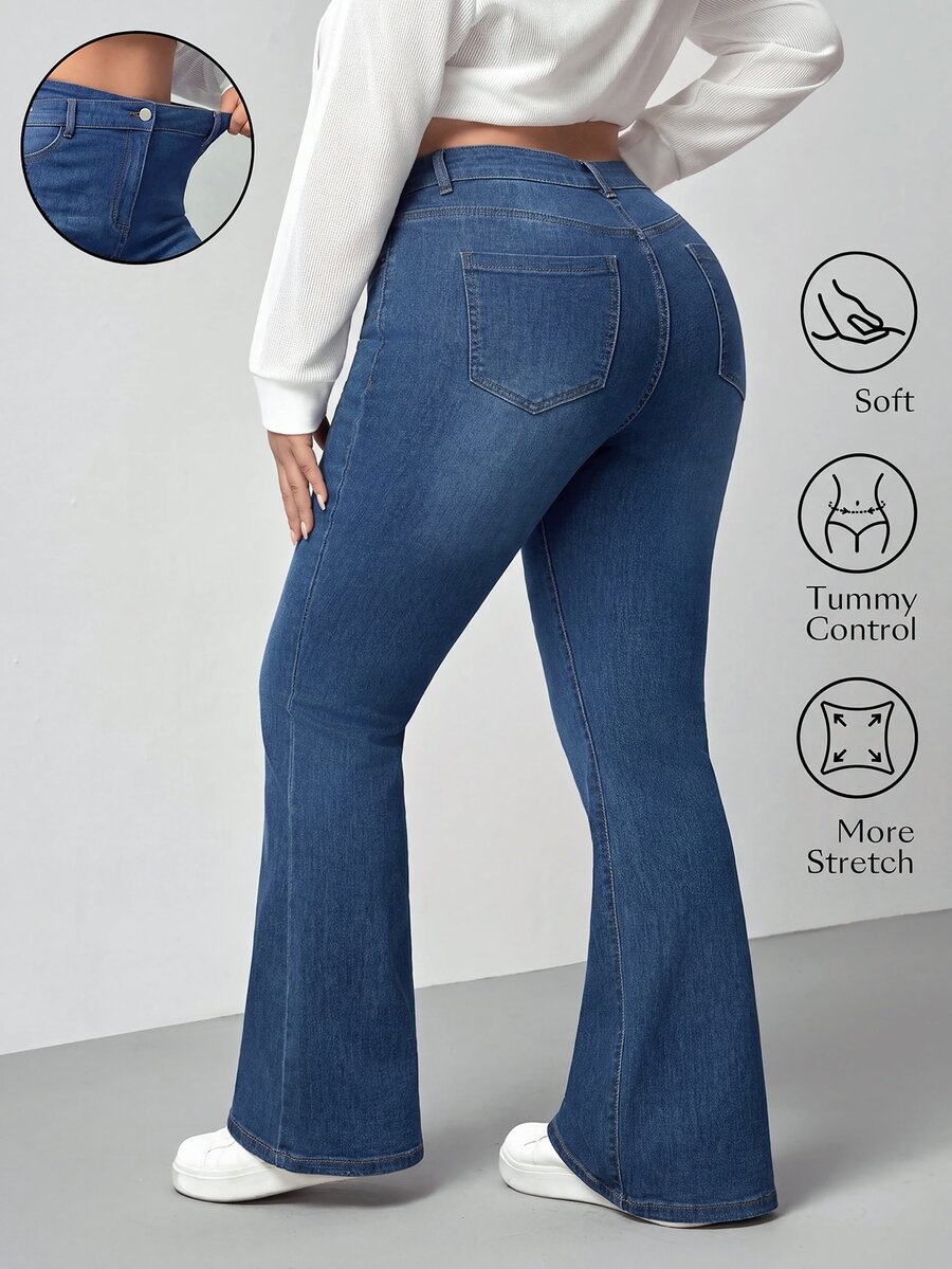 Lounesse Plus Size Casual Washed Flare Jeans - Blue - View 1