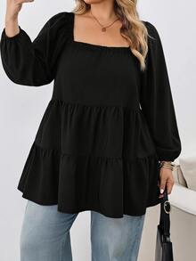 SHEIN CURVE+ Plus Size Square Neck Loose Ruffle Long Sleeve Blouse, Autumn Shirt Top, Suitable For Apple-Shaped And Curvy Body Types 5XL-8XL Fall - Black - View 6