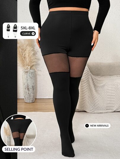 SHEIN CURVE+ سروال ضيق بحجم كبير مع رقع شبكية ومرونة عالية وتصميم ركاب
