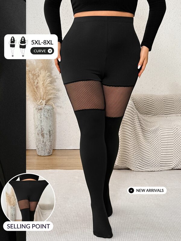 SHEIN CURVE+ Plus Size Mesh Patchwork High Elasticity Stirrup Leggings