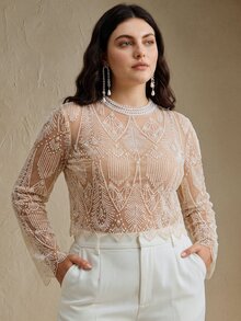 Anewsta Atasan Lengan Panjang Wanita Elegan Warna Beige dengan Bordir dan Manik-manik untuk Musim Gugur/Dingin, Blus Modis Ukuran Besar untuk Tamu Pernikahan, Pesta Koktail, Makan Malam, dan Acara Malam Hari - Aprikot - View 5