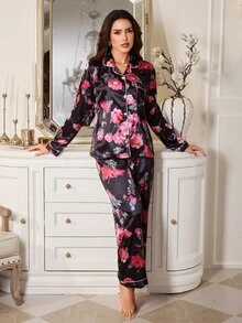 LuxeNights Faux Silk Floral Print Lapel Long Sleeve Long Pants Pajama Set - Black - View 7