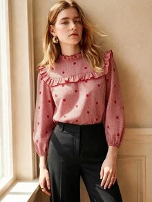 Écloséra Women's French Vintage Plaid Ruffle Trim Blouse, Plaid Embroidered Puff Long Sleeve Ruffle Collar Shirt, Suitable For Commuting, Vacation, Daily Wear - Red - View 4
