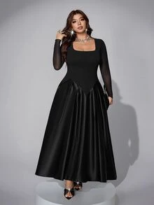 Viva Relle Plus-Size Women's Net Long-Sleeve Gathered A-Line Party Dress - Black - View 2