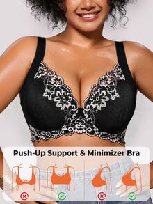 Bareli Dear Plus Size Sexy Lace Patchwork Push-Up Bra, Adjustable Shape, Minimizing Large Bust, Side-Boob Coverage, Underwire Lingerie, 1pc - Black and White - View 8