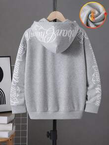 SHEIN Little Byeori 青少年男孩灰色花卉極簡剪影手寫字母圖案衛衣，休閒學院風舒適時尚極簡實用百搭柔軟面料，適合日常穿著、上學、旅行、戶外運動，秋冬款 - 淺灰色 - 查看 3