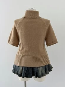 Sunspun Sweater Rajut Wanita Ukuran Besar Lengan Pendek Kerah Tinggi - Unta - View 2