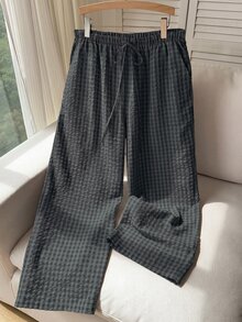 SHEIN EZwear 大尺碼女款春夏格紋抽繩腰口袋長褲 - 黑色 - 查看 4
