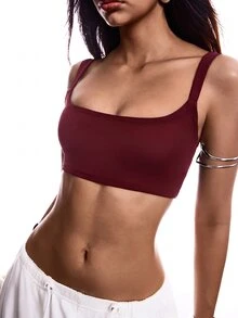 SHEIN EZwear 黑色緊身運動風純色短版細肩帶背心上衣 - 酒紅色 - 查看 4