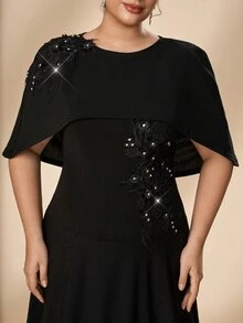 Serin Plus Size Elegant Romantic Glamorous Black Applique Design Shawl Fitted Patchwork Ruched A-Line Wedding Event Mother Dress Evening Party Ball Music Festival Formal Gown - Black - View 2