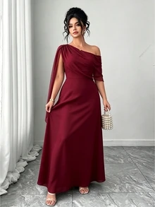 Elenzga French Vintage Elegant Fashion Casual Asymmetrical Shoulder Neckline Ribbon Burgundy Dress - Burgundy - View 6