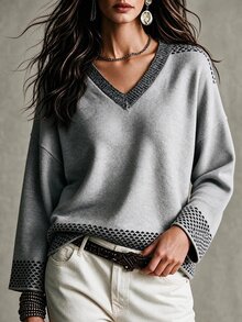 SHEIN Holidaya Vintage Leopard Print Patchwork V-Neck Sweater Women Loose Drop Shoulder Slouchy Contrast Color Long Sleeve Knit Pullover Top - Grey - View 3