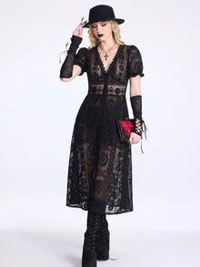 Breakform Gothic  Halloween Women's Black Lace Dark Vintage Single-Breasted Open Front Puff Sleeve Long Sheer Dress (Random Floral Pattern) - Black - View 1