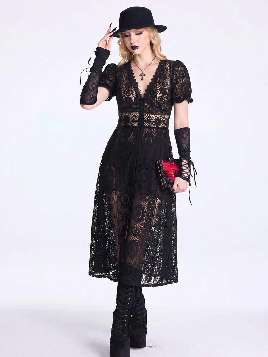Breakform Gothic Halloween Women's Black Lace Dark Vintage Single-Breasted Open Front Puff Sleeve Long Sheer Dress (Random Floral Pattern) - Black - View 1