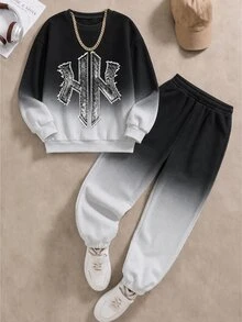 2pcs/Set Setelan Sweatshirt Kasual Modis Nyaman untuk Anak Laki-laki Remaja, Atasan Lengan Panjang Cetak Digital, Pakaian, Pakaian Musim Gugur/Dingin, Setelan Sweatshirt dan Celana Olahraga Leher Bulat Gradien Hitam & Abu-abu - MultiWarna - View 2