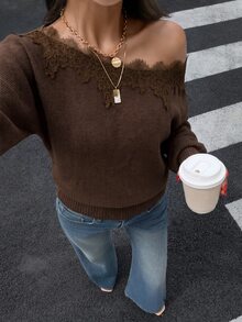 Siren Gaze 女款新款秋季不對稱肩蕾絲拼接針織衫 - 咖啡棕 - 查看 4