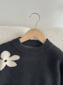女童秋冬時尚圖案提花針織長袖套頭毛衣與長褲套裝 - 黑色 - 查看 3