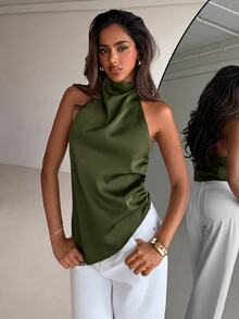 Aloruh Women's Solid Color Casual Versatile Daily Wear Halter Neck Top - Army Green - View 6