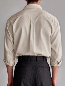 Manfinity Hypemode Men's Casual Textured Long Sleeve Button-Down Shirt For Everyday Wear - Khaki - View 2