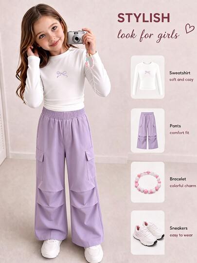 2pcs/Set Girls Bowknot Digital Print Long Sleeve Cinched Waist Top And Wide Leg Cargo Pants, Fresh & Sweet, Fashion Casual, All-Season Wear, Suitable For Daily Casual Wear, Street Photography, Campus, Holiday, Gift, Vacation Travel
