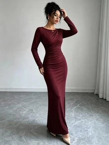 Modelyn Women's Elegant Commute Solid Color Slim Fit Long Dress - Red - View 3