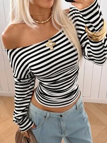 SHEIN EZwear 女款條紋長袖休閒針織露肩修身T恤 - 黑與白 - 查看 5