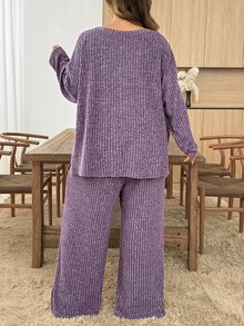 SHEIN CURVE+ 2pcs Plus Size Solid Color Ribbed Crew Neck Long Sleeve Top And Pants Set Fall - Purple - View 2