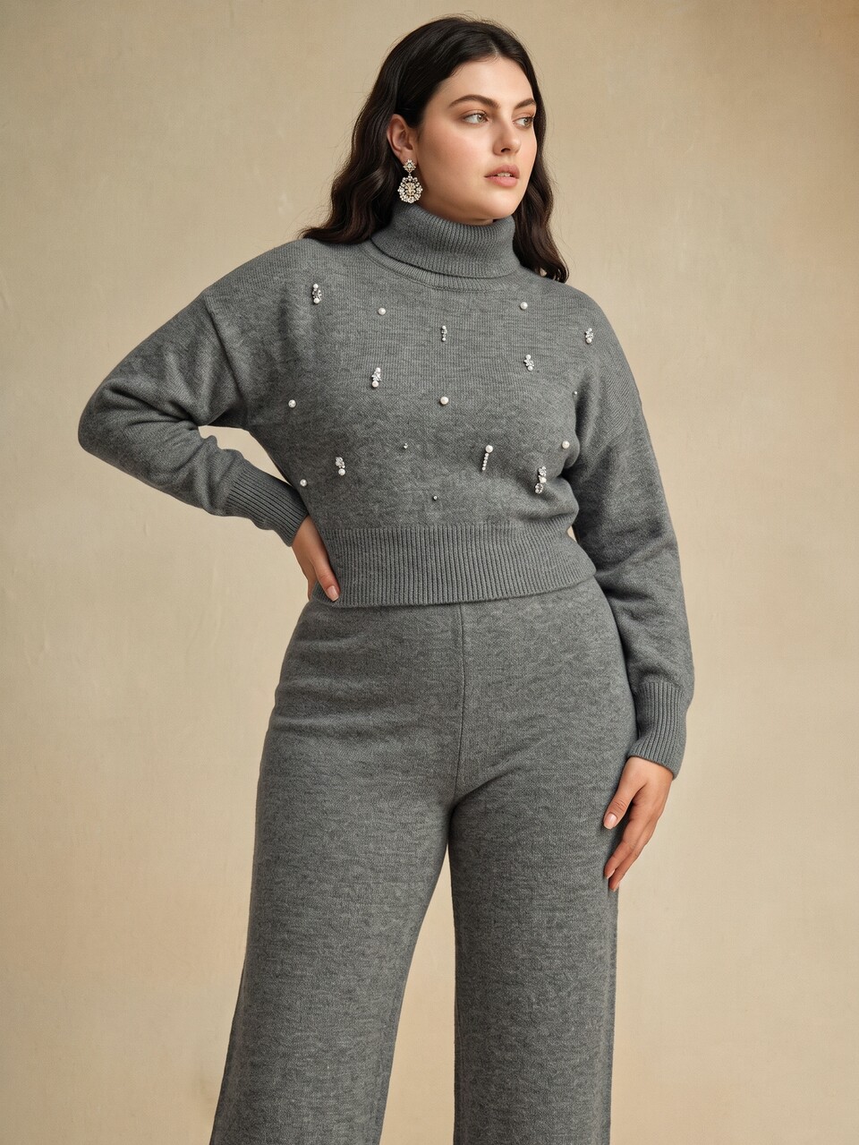 Anewsta Women's Casual Fashion High Neck Short Handmade Rhinestone Decor Elegant Plus Size Winter Knit Sweater, Plus Size Women's Sweater 2-Piece Set, Women's Casual Outfit