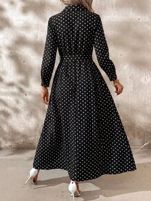 SHEIN Clasi 女款溫柔波點印花長袖度假洋裝 - 黑與白 - 查看 2