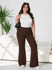 Solflare Plus Size Women Casual Versatile Solid Color High Waist Flare Pants - Brown - View 5