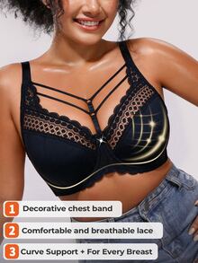 Bareli Dear Plus Size Black Underwire Lace Patchwork Thin Cup Bra, 1pc - Black - View 8