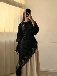 Celisse Atasan Wanita Lengan Panjang Model Longgar dengan Hem Asimetris dan Hiasan Renda, Model Baru untuk Awal Musim Gugur - Hitam - View 4