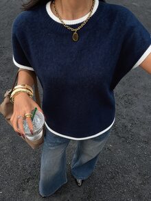 Siren Gaze 女款拼色圓領蝙蝠袖短袖休閒學院風針織上衣 海軍藍與白色 - 藏蓝色 - 查看 2