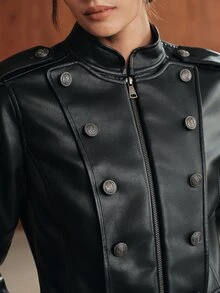 Anewsta Women's Long Sleeve Zipper Front Casual Rider Style PU Jacket - Black - View 2