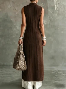 SHEIN Cable Knit Sleeveless Midi Dress Stand Collar Front Button Slim Knit Vest Dress - Brown - View 3