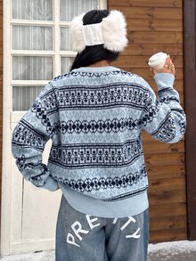 SHEIN EZwear 女款幾何圖案圓領長袖休閒復古毛衣 旅行海軍藍秋季 - 藍色 - 查看 2