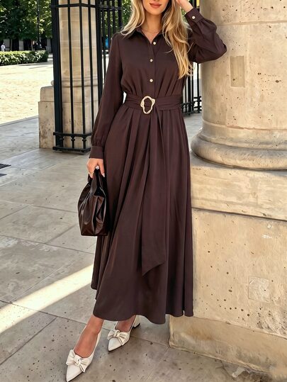 Pariaura Women's Solid Color Shirt Collar Half-Placket Vintage Cinched Waist Self-Fabric Belt With Large Metal Buckle Back Elastic Adjustable Draped A-Line Long Sleeve Mid-Length Coffee Brown Dress French Elegant Sophisticated Commute Casual Vacation Formal Office Afternoon Tea Party Muslim Middle Eastern Women Autumn/Winter New Dress