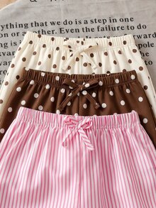 Souflis Souflis 女童夏季休閒寬鬆長褲3件套，新款極簡條紋波點純色，4-7歲，腰部3D蝴蝶結裝飾，寬鬆直筒休閒褲，日常舒適穿著，春秋彈性腰長褲，運動多巴胺出遊直筒寬腿褲 - 彩色 - 查看 3