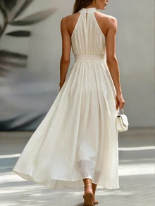SHEIN Unity Fall/Winter Women's Halter Neck Ruffle Collar Cinched Waist A-Line High Waist Chiffon For Travel Elegant Formal Party Going Out Ruffle Dress - Apricot - View 2