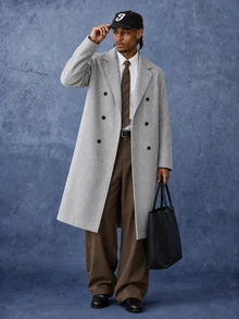 PAVTROS Manfinity Hypemod Men's Solid Long Overcoat, Minimalist Loose Casual Youth Lapel Outerweare - Grey - View 1
