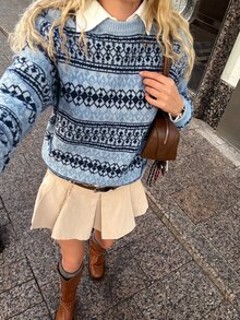 SHEIN EZwear 女款幾何圖案圓領長袖休閒復古毛衣 旅行海軍藍秋季 - 藍色 - 查看 6