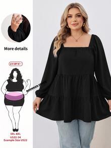 SHEIN CURVE+ Plus Size Square Neck Loose Ruffle Long Sleeve Blouse, Autumn Shirt Top, Suitable For Apple-Shaped And Curvy Body Types 5XL-8XL Fall - Black - View 2
